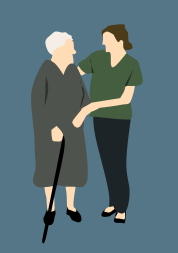 Graphic image, grey background, nurse supporting old lady