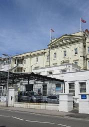 Roadside View, Front of Royal Sussex County Hospital, Cars parked outside