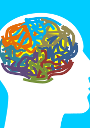 Drawing, Outline of Head, Multicoloured Wriggly Lines to represent mind, blue background